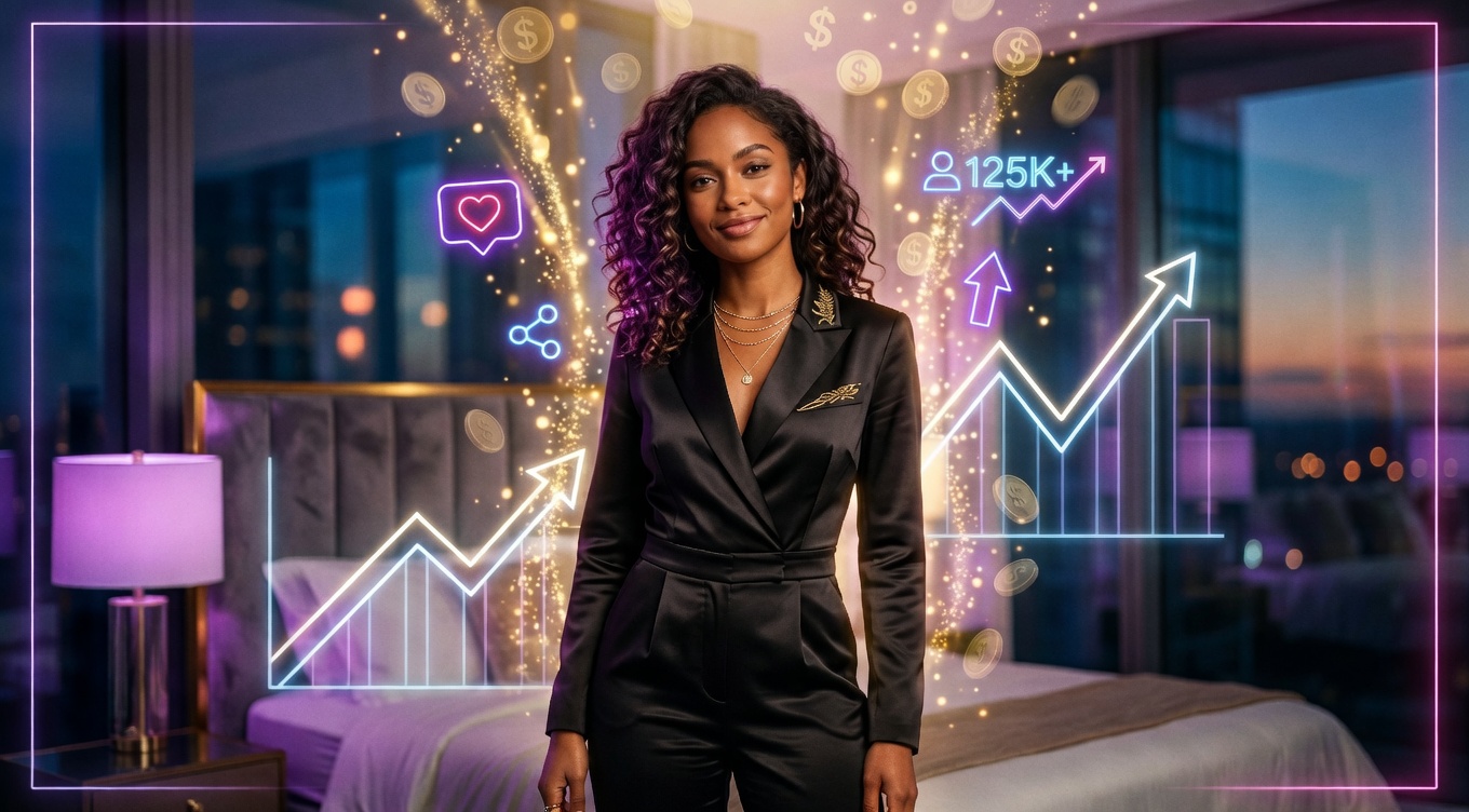 Frau arbeitet konzentriert am Laptop und analysiert Statistiken ihres OnlyFans-Profils